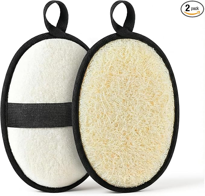 RIYNIBIY Natural Loofah for Men, 2PCS Black & White Set Egyptian Luffa Body Scrubber for Shower & Bath, Quick-Drying Exfoliating Sponge Pad for Men's Hygiene & Body Care - Travel Essentials & Gym Tool
