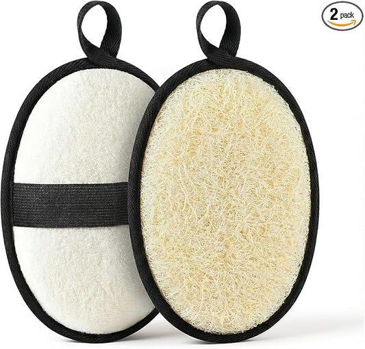 RIYNIBIY Natural Loofah for Men, 2PCS Black & White Set Egyptian Luffa Body Scrubber for Shower & Bath, Quick-Drying Exfoliating Sponge Pad for Men's Hygiene & Body Care - Travel Essentials & Gym Tool