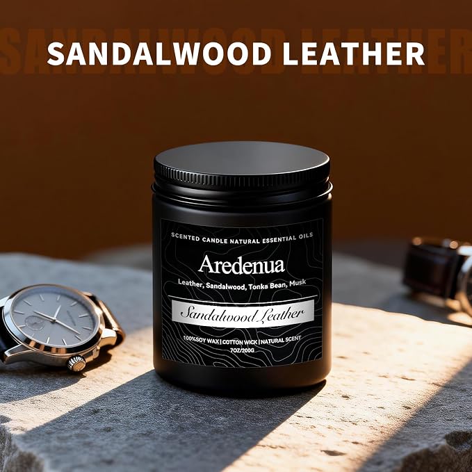 Sandalwood Leather Candle, Manly Candles for Home Scented, Masculine Aromatherapy Gifts for Men - 7oz Soy Candle, 50 Hours Burn Time, Perfect for Relaxing Home Fragrance