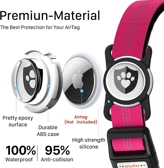 Waterproof AirTag Dog Collar with QR Code Dog Tag, Rose Red S | IP68 waterproof, QR code dog tag, Anti-Lost, Online profile, fits XS-L (8"-26"), Padded nylon, Reflective, No App, No Fees