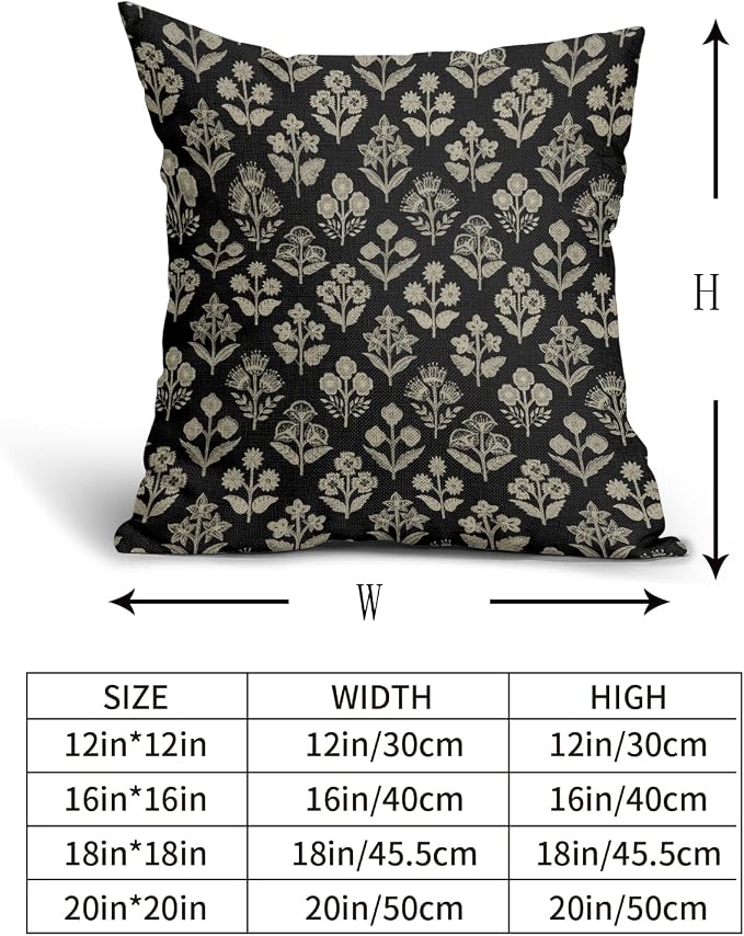 Black Floral Pillow Covers 24x24 Inch Set of 2, Vintage Flower Block Print Decorative Throw Pillowcases Outdoor Farmhouse Cushion Covers Spring Summer Rustic Decoration Sofa Couch Bed Decor