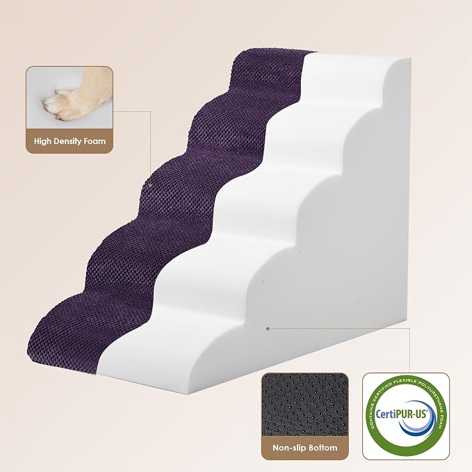EHEYCIGA Curved Dog Stairs Ramp, 5-Step High Beds, 22.6" H Pet Step | 33D density of pure foam, for Small Dogs and Cats, Pet Stairs for High Bed Climbing, Non-Slip Balanced Indoor, Purple