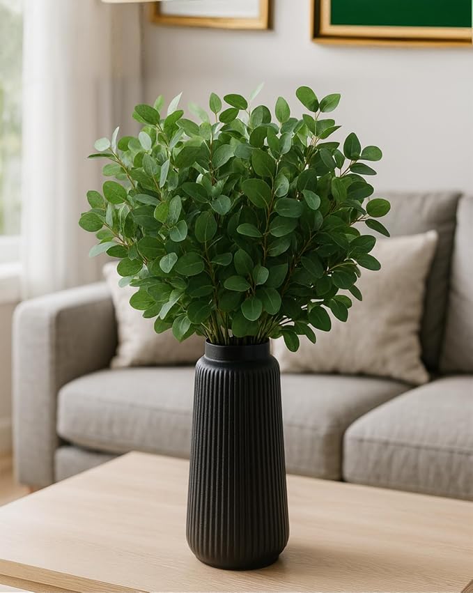 Black Ceramic Vase, 8 Inch Conical Flower Vase for Pampas Grass, Modern Minimalist Ribbed Decorative Vase for Living Room Table, Shelf Decor