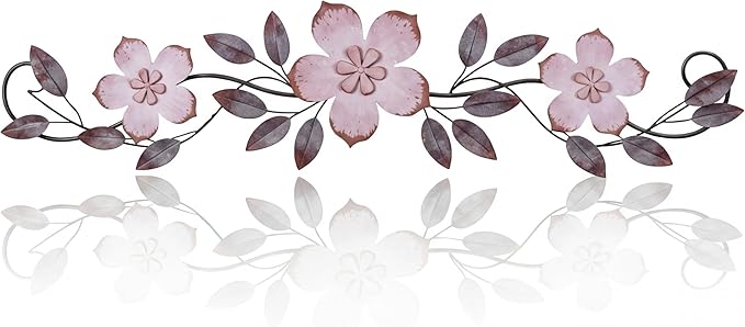Wesiti Metal Flower Wall Decor Vintage Metal Flower Wrought Iron Scroll Sculpture 15.7''x3.7'' Not 3D, Flat Farmhouse Leaf Wall Decor with Nails for Summer Bedroom Kitchen Indoor Outdoor(Purple)