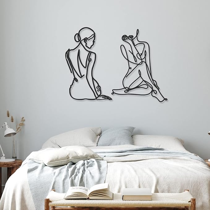 Photect 4 Pieces Metal Wall Art Decor Black Single Line Art Drawing Minimalist Abstract Female Woman Wall Sculptures Hanging Decor Accents for Bathroom Living Room(Classic)