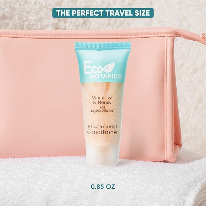 Eco Botanics Travel Size Hotel Conditioner 300 Count 0.85oz Bottles Guest Amenities for Vacation Rentals & Short Term Rentals Paraben Free White Tea Scent Infused with Aloe Honey and Olive Oil