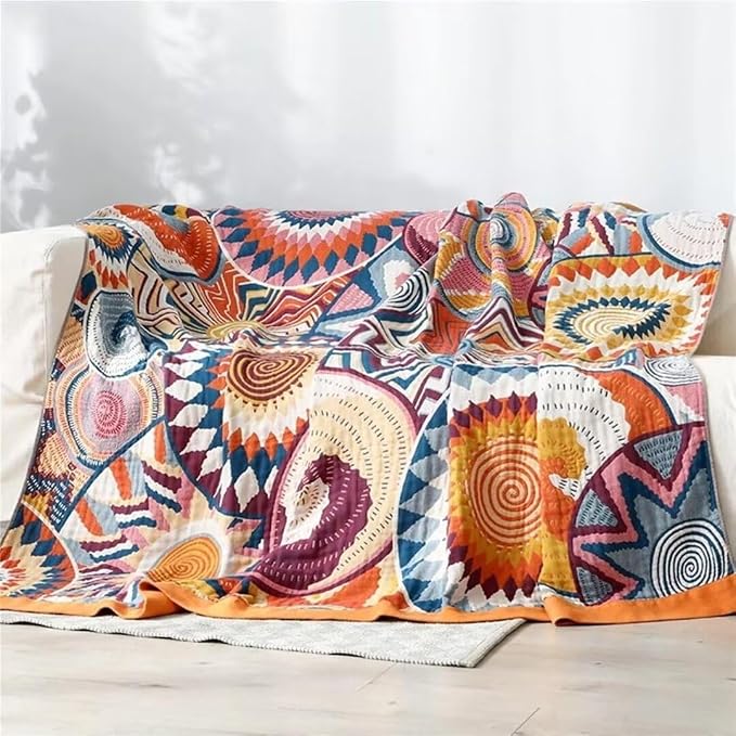Boho Throw Blanket for Bed 100% Cotton Bohemian Blankets Ultra Soft Woven Muslin Decorative Blankets All Seasons Vintage Quilt Knitted Blanket for Sofa Chair (Colorful, 80"x90")