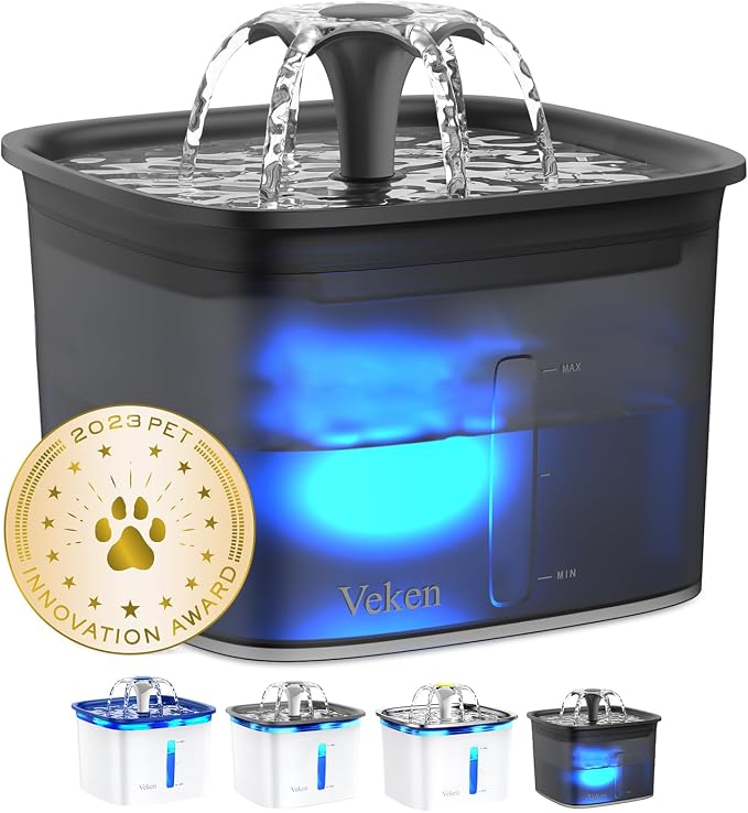 Veken Innovation Award Winner 95oz/2.8L Cat Water Fountain | Automatic Pet Fountain Dog Water Dispenser with Replacement Filters & Silicone Mat for Cats, Dogs (Space Black, Plastic)