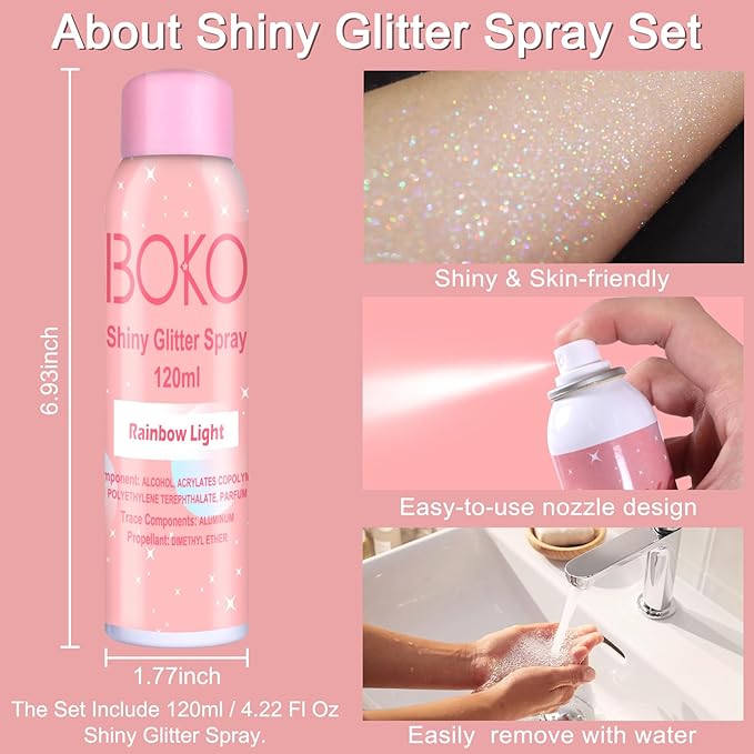 Boko Body Glitter Spray, 120ML Holographic Silver Shiny Glitter Spray for Body Hair Clothes, Quick-Drying and Long-Lasting Body Shiny Glitter Hairspray for Festival Party Concert Rave Accessories