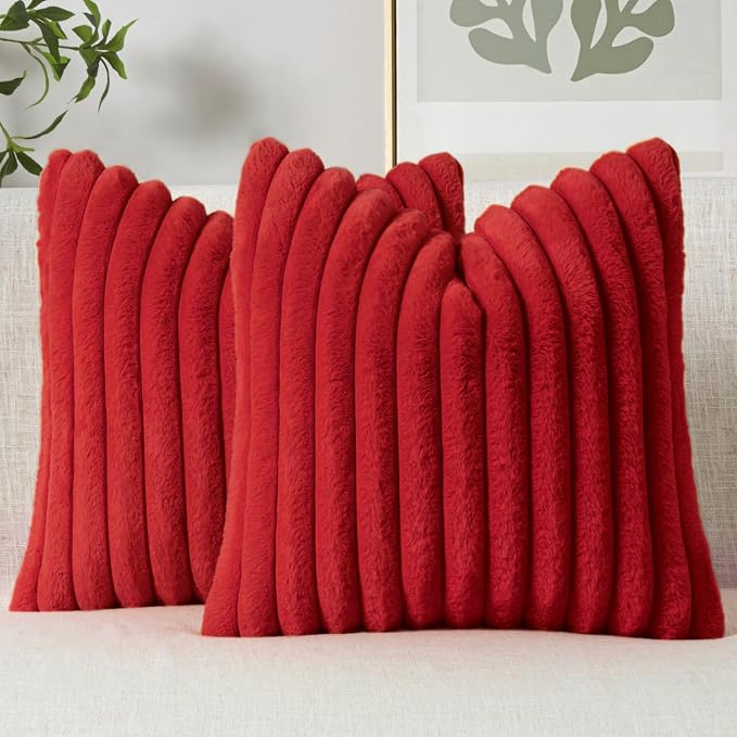 MIULEE Faux Fur Decorative Throw Pillow Covers 20x20 Set of 2 Red | Modern Soft Plush Couch Pillows, Cozy Fluffy Cushion Covers for Sofa Bed Living Room Home Decor