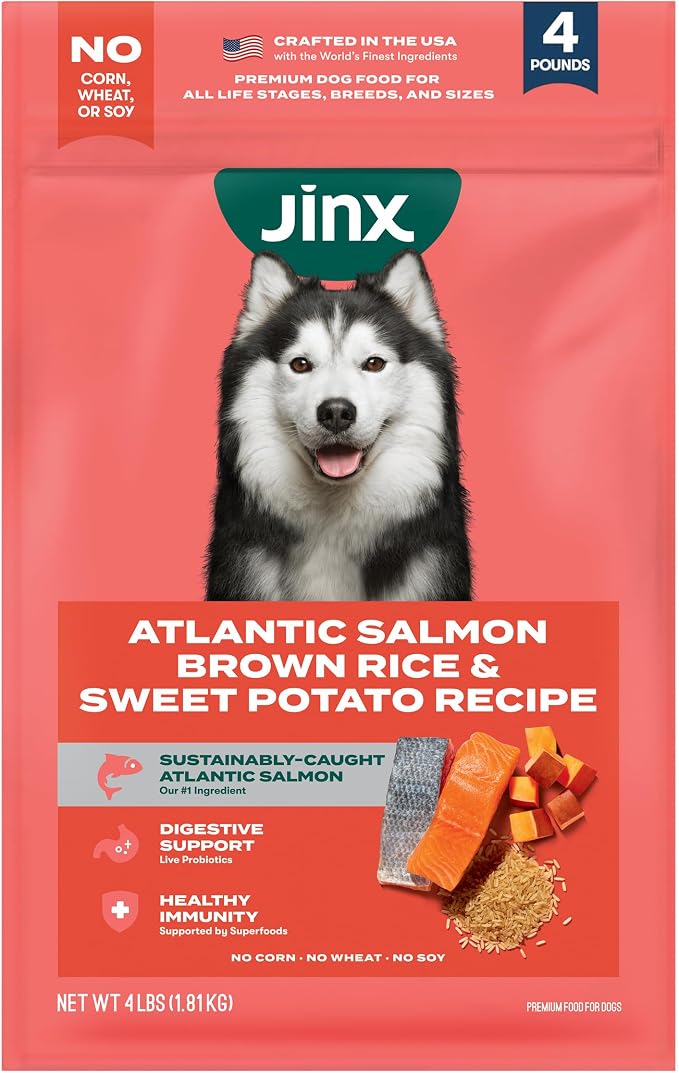 Jinx Dry Dog Food - Real Salmon, Brown Rice & Sweet Potato, 4lb | Premium Kibble for Digestive Support & Healthy Immunity - No Fillers, All Lifestages (Puppy, Adult & Senior), Breeds & Sizes