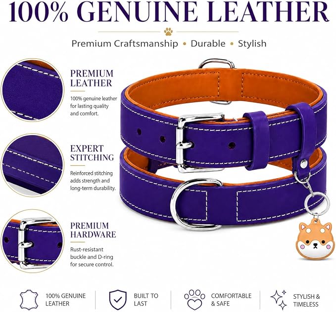 Genuine Leather Dog Collar, Soft Padded Leather Dog Collars with Airtag Holder Case for Small Medium Large X-Large Dogs,Comfort Heavy Duty Pet Collar with Durable Metal Buckle & D-Ring-Dark Purple/XL