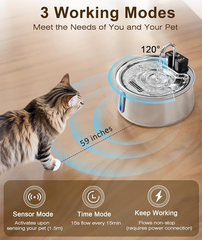 CEESC Cordless Cat Water Fountain, Stainless Steel, 4L/135oz for Cats/Dogs | Motion sensor, Long-Lasting 4000mAh, automatic pet water dispenser, 4-stage filtration, ultra-quiet pump, indoor