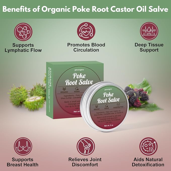 Castor Oil & Poke Root Herbal Salve, Vegan Lymphatic Support Massage Balm for Breast Care, Joint Massage, Neck, Underarms & Deep Tissue Comfort, Natural Moisturizing Body Ointment, 2oz