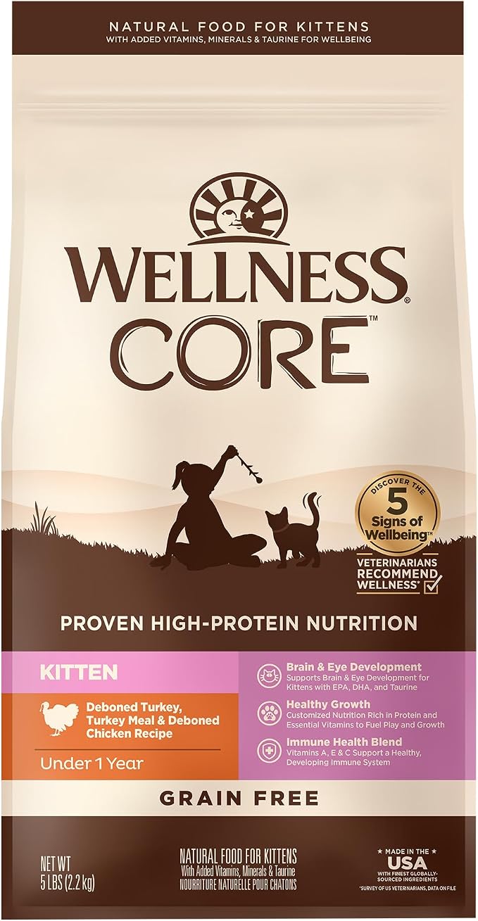 Wellness CORE Kitten Dry Cat Food, Natural, Grain Free Kibble, Turkey Meal and Chicken Recipe, 5 lb Bag