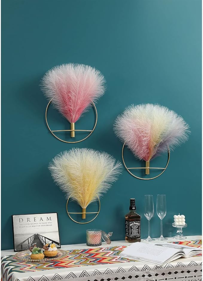 Pretty Jolly Boho Pampas Wall Decor Gold Metal Wall-Mounted Art | Morden Artificial Greenery Display，2 Pack Pink Hanging Planter For Living Room, Bedroom, Bathroom, Dining room