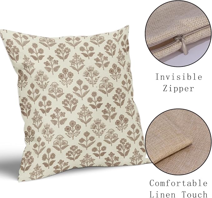 Brown Floral Pillow Covers 24x24 Inch Set of 2, Vintage Flower Block Print Pattern Decorative Throw Pillowcases Outdoor Farmhouse Cushion Covers Spring Summer Rustic Sofa Couch Bed Decor