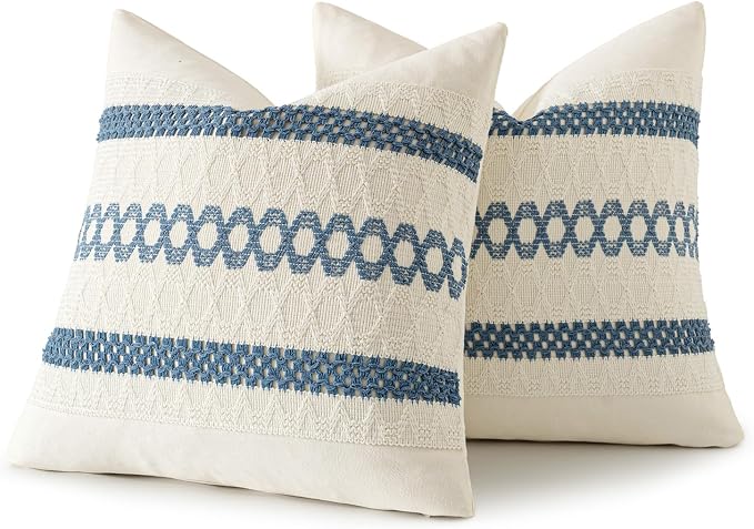 MIULEE Set of 2 Coastal Blue Boho Decorative Pillow Covers 18x18 Inch | Farmhouse Couch Throw Pillows, Modern Cotton Cushion Covers, Macrame Woven Spring Decor for Bed Sofa Chair