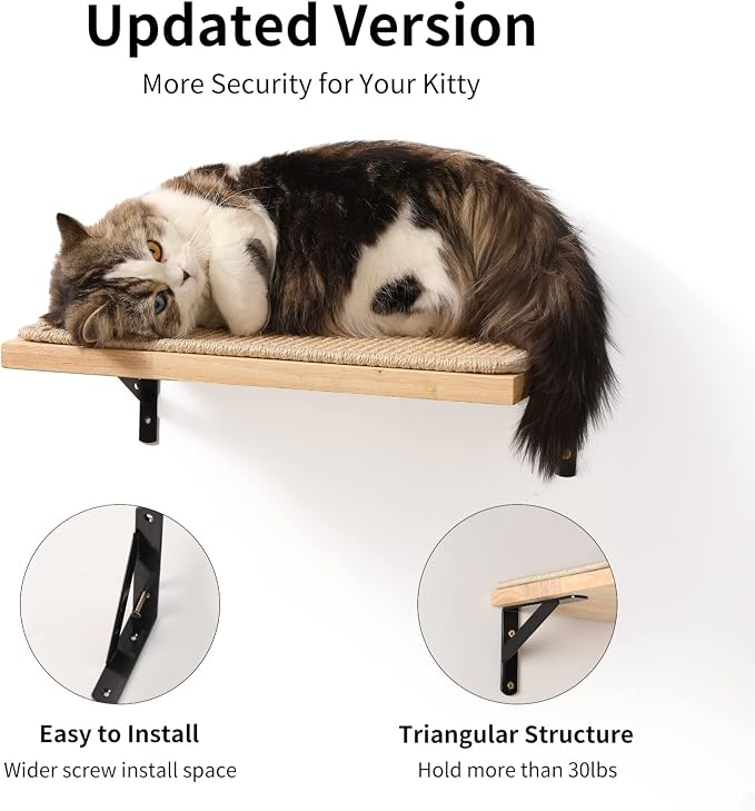 FUKUMARU Cat Wall Shelves, 17 x 10 Inch, Sisal Mat | Solid Rubber Wood Floating Shelf with Upgraded Installation, Kitten Wall Furniture for Sleeping, Playing and Scratching