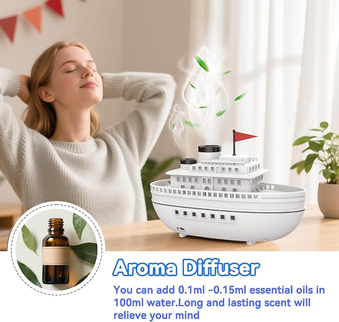 Diffuserlove Ship Aromatherapy Diffuser Humidifier 300ml Essential Oil Diffuser for Home Bedroom Office Steamboat Decorative Cool Mist Humidifier