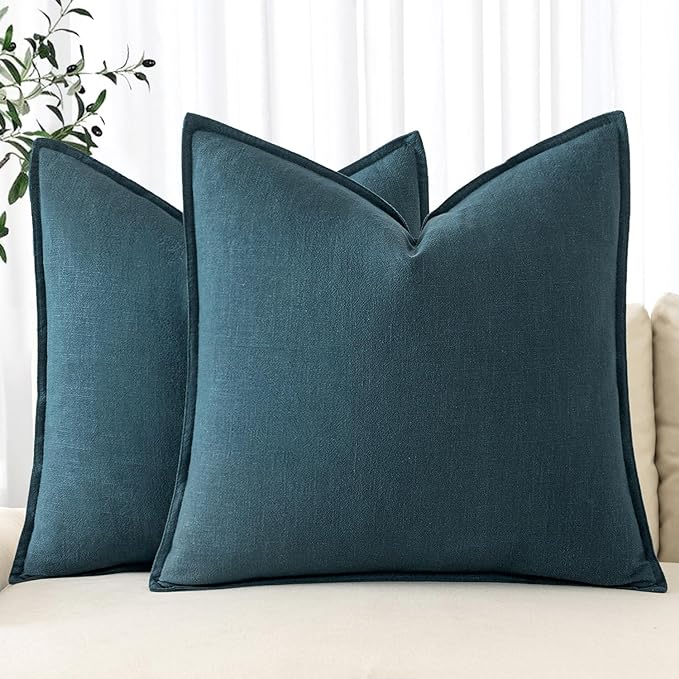 MIULEE Decorative Linen Euro Sham Pillow Covers 24x24 Blue | Boho Farmhouse Neutral Couch Throw Pillows for Bed, Pack of 2 Accent Coastal Modern Pillowcases, Sofa Livingroom Home Decor