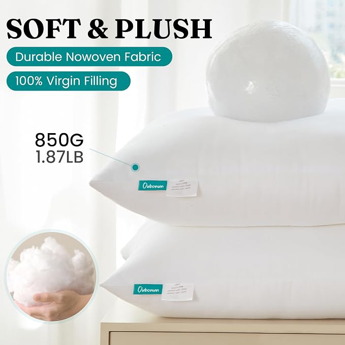 Oubonun 22 x 22 Throw Pillow Inserts | Soft, Plush & Decorative Down Alternative Pillows for Couch Sofa Bed, Machine Washable - White, Pack of 2