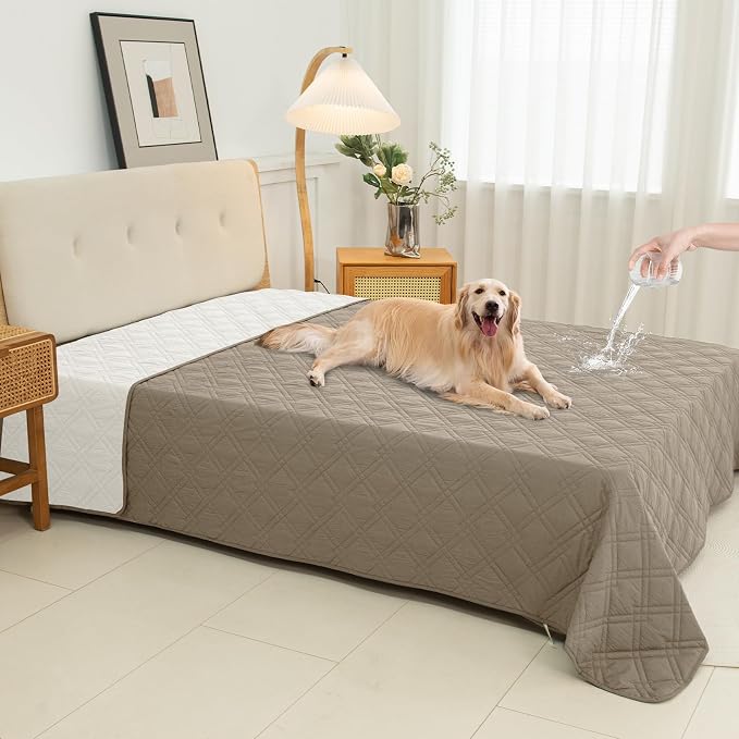 100% Waterproof Washable Dog Blanket，Khaki+Off White， 82"x92" | ,7-Layer Reversible Couch Covers for Dogs Met for Sofa Furniture Car Camping