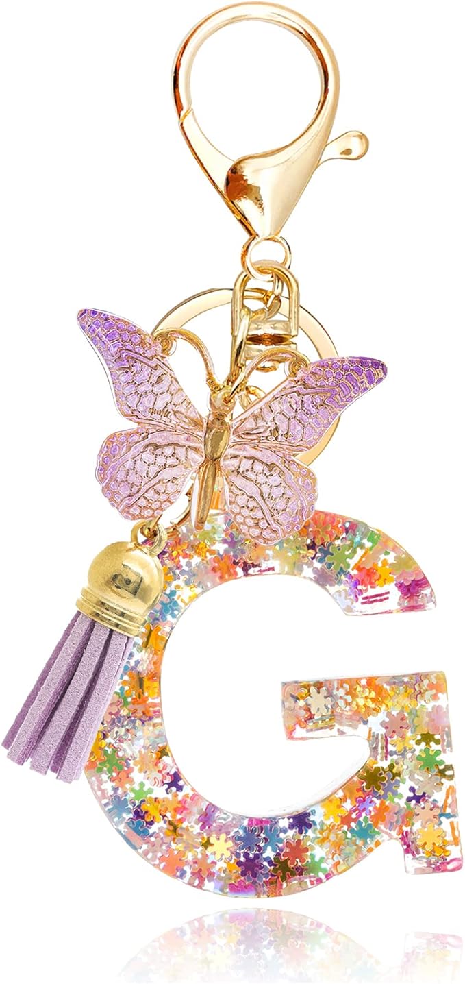 Fashion Alphabet Initial Letter Keychain Tassel Butterfly Pendant Key Ring for Purse Handbags Women Girl