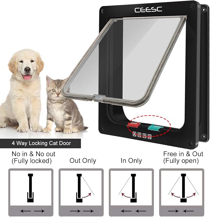 CEESC X-Large Cat Door for Interior/Exterior, Black, for Pets up to 25 lbs | Outer 11"x9.8", Weatherproof, 4-Way Locking, ABS material, for cats & small dogs, waist <24.8"