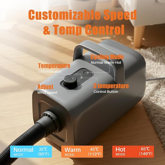NEWBULIG Dog Hair Dryer with Heater for Grooming, High Velocity Speed | 1550W Dog Blow Dryer, Temperature Adjustable Dog Blower Grooming, Grey