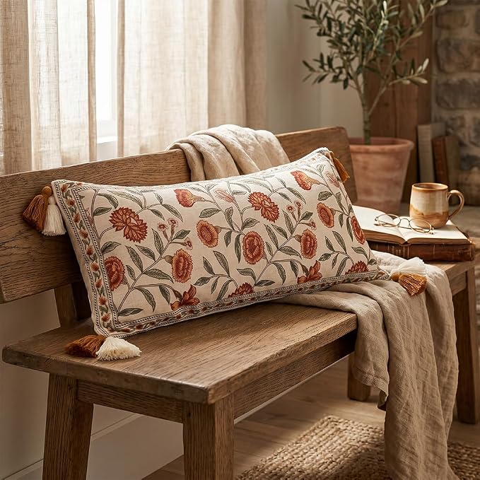 French Linen Rectangle Throw Pillow Cover,Set of 2,28"x12"-Albano A | Designer Vintage Pillow Cover,Concealed Zipper Design,Orange Floral Pattern,Sofa,Bedroom,Living Room,Lounge Chairs