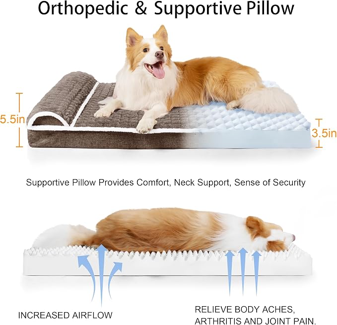 Orthopedic Large Dog Bed Pillow Pet Sofa Bed 36''X24'' Taupe | Egg-Crate Foam Pet Couch Large Sized Dog, Waterproof Removable Washable Cover,Furry Puppy Crate Mat With Nonskid Bottom