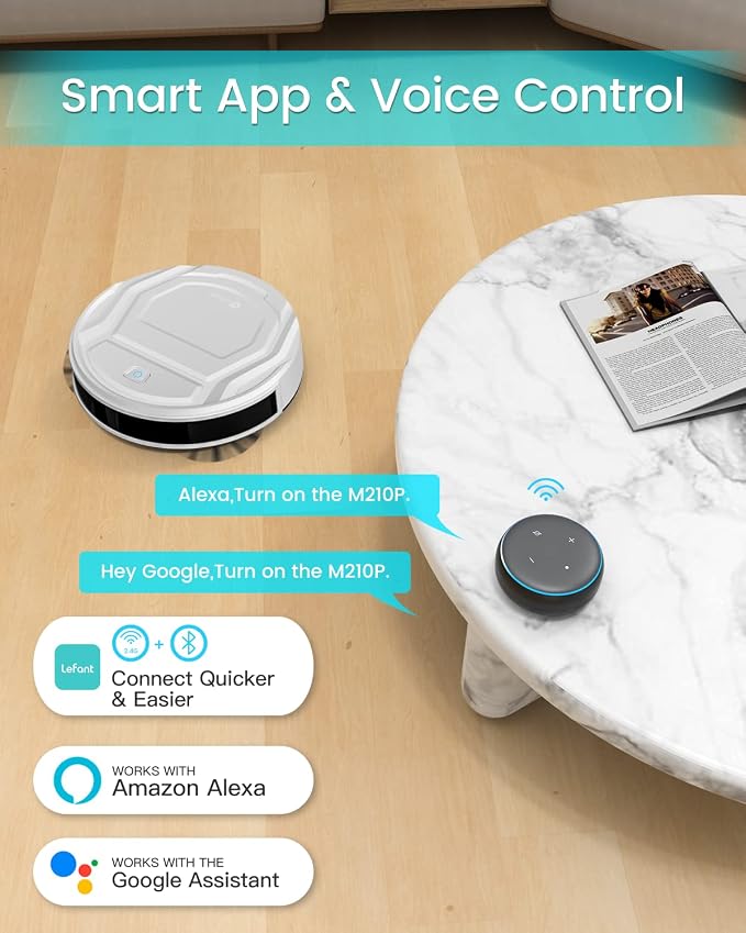 Lefant M210 Pro Robot Vacuum with Powerful Suction, 6 Cleaning Modes, 120 Mins Runtime, Quiet, Self-Charging, Voice Control, Ideal for Pet Hair and Hard Floor, White