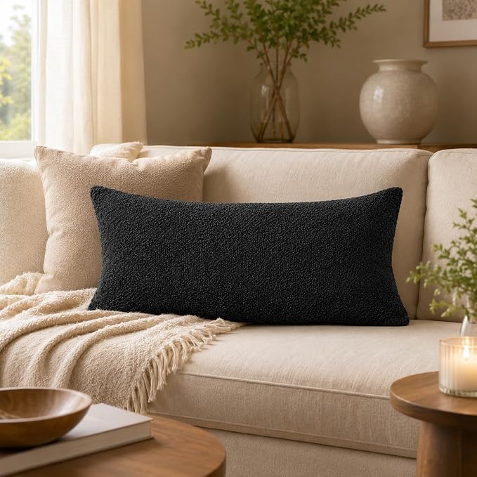 JoraLion 16x24 inch Boucle Lumbar Pillow Cover, Black Woven Texture Neutral Long Pillow Cover Breathable Cushion Case for Couch Sofa Bed Living Room Home Decor (Cover Only)