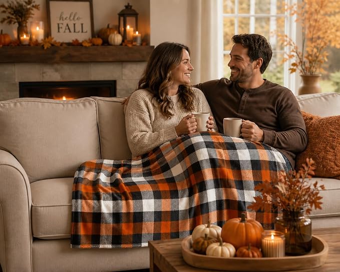 Fall Soft Fleece Throw Blanket, Orange Black White Plaid, 50x70 Oversized | Warm Cozy Fabric , Farmhouse Harvest Colors, For Living Room Sofa Couch Bed Chair Dorm Outdoors, Seasonal Gift or Home Décor