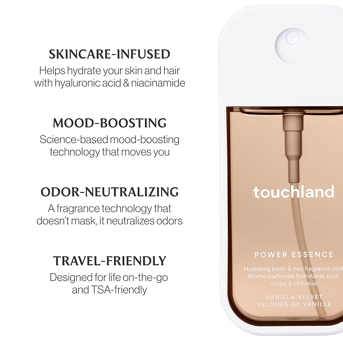 Touchland Power Essence Hydrating Body & Hair Fragrance, Vanilla Velvet, 2 FL. OZ. Travel Size Body Mist