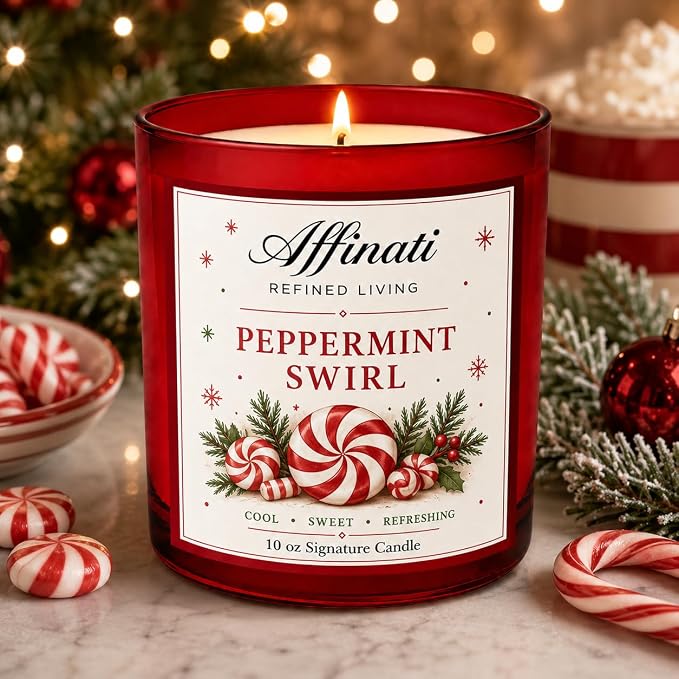 Affinati Peppermint Swirl 10 oz Scented Candle – Long Lasting Holiday Soy Blend Candle for Home, Strong Scent Throw Fresh Sweet Mint Aromatherapy Candle, Clean Burning Winter Gift for Women