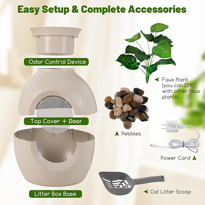 PETSITE Hidden Litter Box Plant, Cat Litter Box Enclosure Furniture with Smart Odor Removal System, 4 Light Effects, Door, Artificial Plant, Pebbles, Scoop, Planter Litter Box for Large Cats