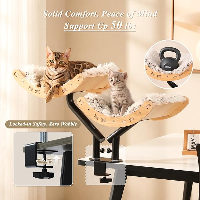 PEQULTI Desk Cat Bed for 2 Cats, 2-Tier 360° Rotating Cat Hammock, Beige | Clamp-on desk-edge perch holds 50 lbs wobble-free; removable washable cushion; bunk bed for 2 cats; no-drill, furniture-safe