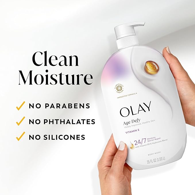 Olay Body Wash for Women, Age Defy with Vitamin E, 24/7 Moisture Barrier Repair, Hydrating & Cleansing for Visibly Soft Skin, Vitamin B3 & Hyaluronic Blend, All Skin Types, 22 fl oz (Pack of 2)