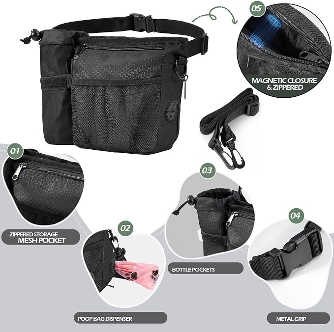 Dog Treat Training Pouch Built-in Poop Bag & Side Pocket Dispenser