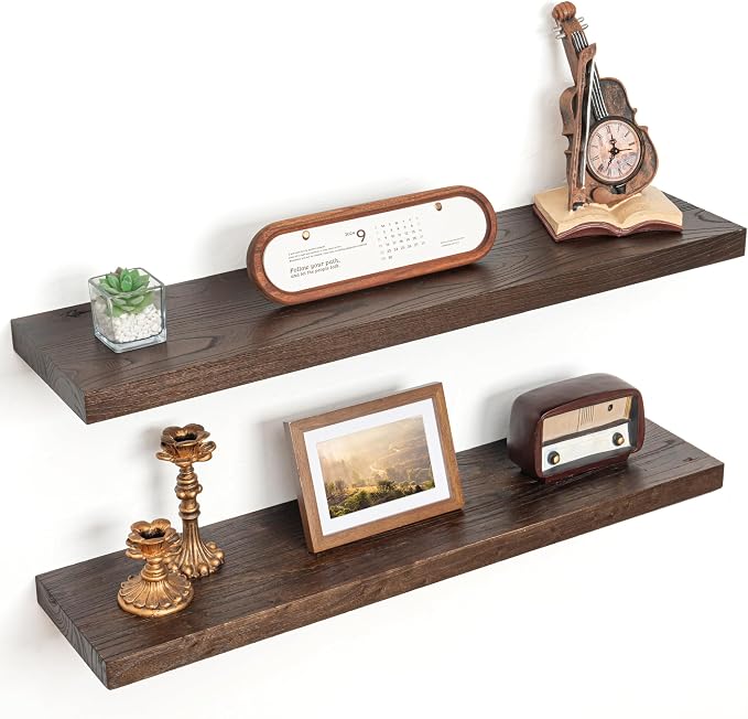 Floating Shelves for Wall Decor, 8 Inch Deep Rustic Solid Elm Wood Floating Shelves Wall Mounted, Wall Shelves with Invisible Bracket for Living Room Bathroom Bedroom Kitchen, 32 Inch Set of 2, Walnut