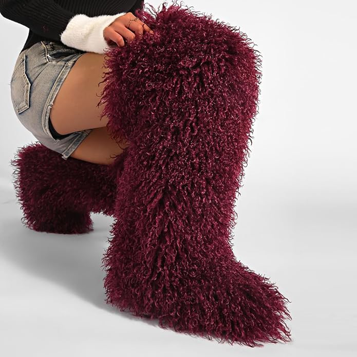 SWEETHEART BEAUTY Thigh High Shagy Teddy Fur Boots, 29 Inch Over the Knee Length Fluffy High Boots, Tall Furry Shoes For Women