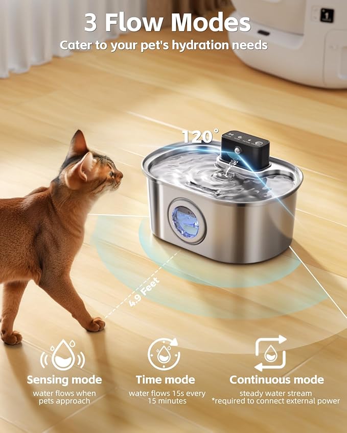Cordless 3.2L/108oz Stainless Steel Cat Water Fountain Pet Fountain | Rechargeable Pet Water Dispenser - Motion Sensor Activation - Multi-Layer Filtration - Ultra-Quiet Pump (4 Filters)