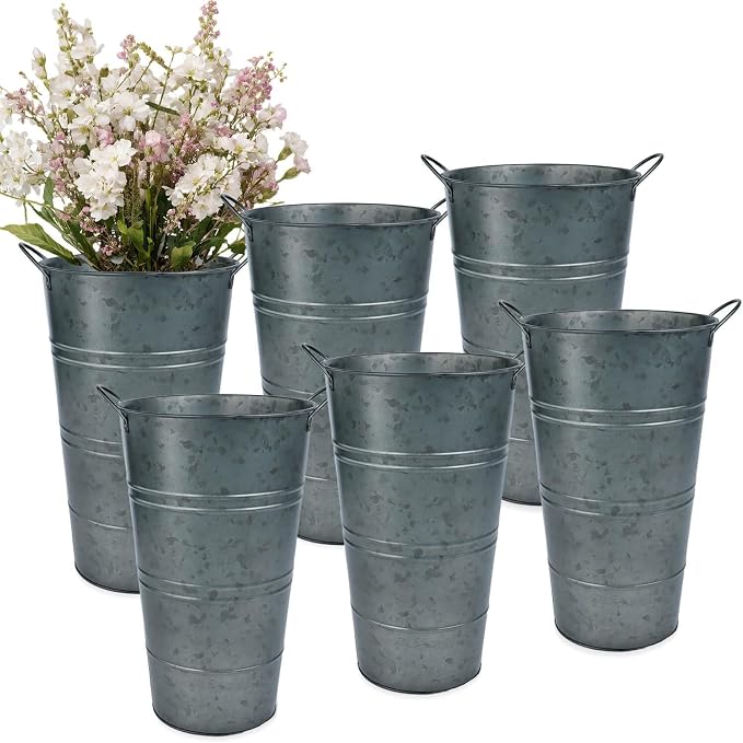 12 Inch Galvanized Metal Vase, 6 Pack Tall Flower Buckets with Handles | Galvanized metal flower buckets with handles, rustic tall vase design for dried flowers, weddings, farmhouse and home decor.