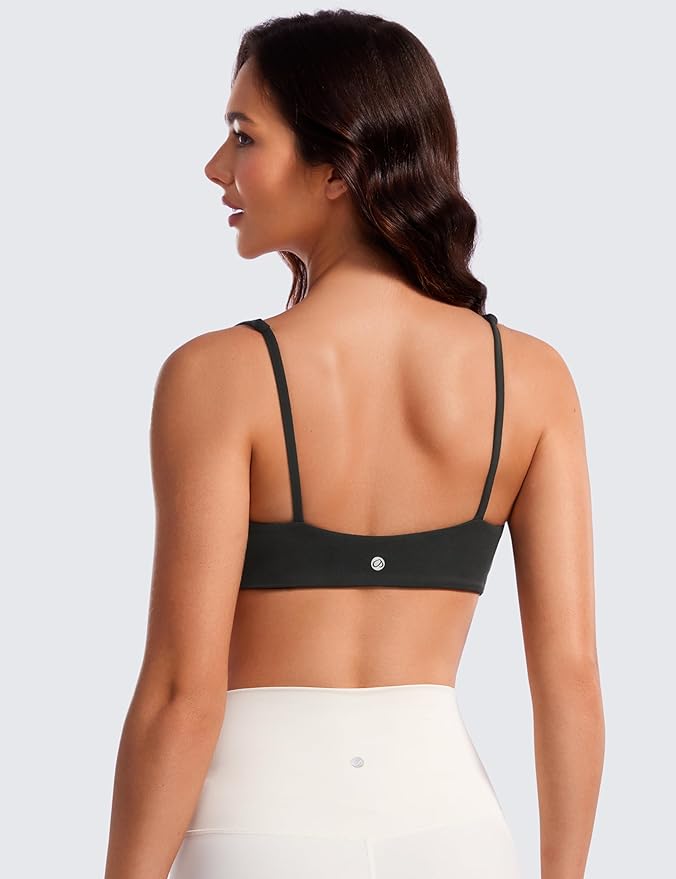 CRZ YOGA Butterluxe Square Neck Spaghetti Strap Sports Bras for Women - Low Coverage Yoga Wireless Padded Cami Crop Top