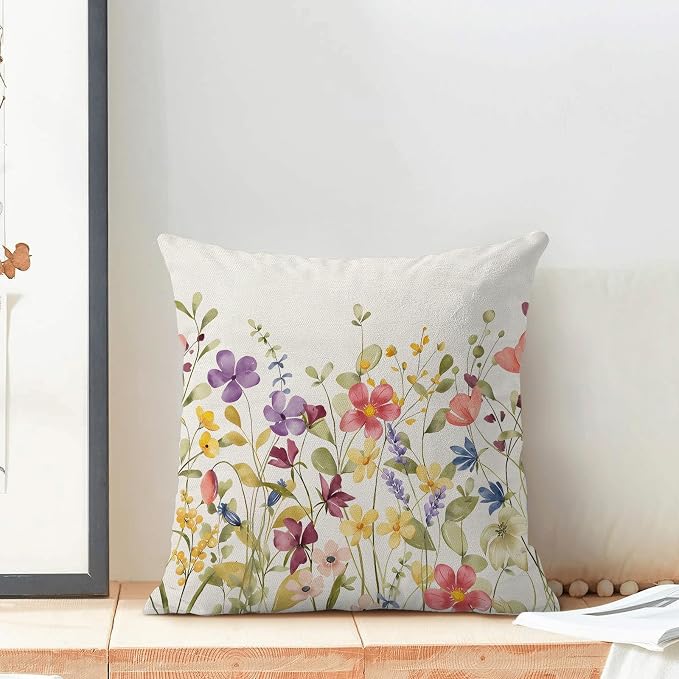 AEIOAE Spring Pillow Covers 20x20 Inch Set of 2, Colorful Wild Flower Leaves Plant Throw Pillows Case,Seasonal Floral Outdoor Decorative Farmhouse Decor Cushion Covers for Home Sofa Bed Couch
