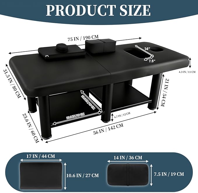 Stationary Massage Table with Storage Space & Backrest, Alloy Steel Frame Massage Bed PU Leather with Open-Chest, Adjustable Spa Facial Bed for Treatment Physical Therapy Table & Salon Equipment