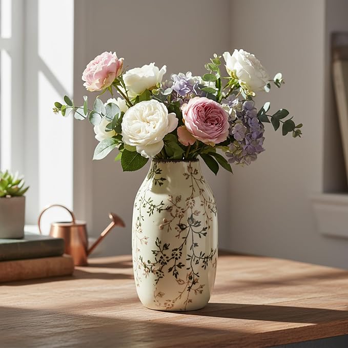 LIFFY Ceramic Vase Green and Beige Vintage Home Decor, Chinoiserie Floral Vase, Rustic Ceramic Large Vases for Home Decors, Living Room, Bookshelf, Office, Chinoiserie Decors, Tuscan Decor 7.5 Inch