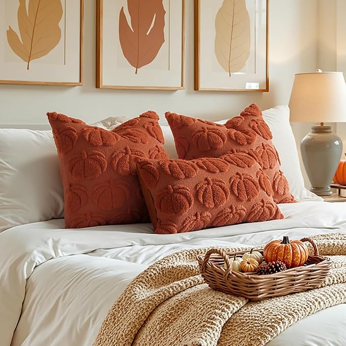 MIULEE Fall Pillow Covers Pumpkin Fall Decor 16x16 Rust | Set of 2 Fall Decorations for Home, Plush Faux Fur Farmhouse Accent Pillowcases, Porch Sofa Couch Cushion Bed Livingroom